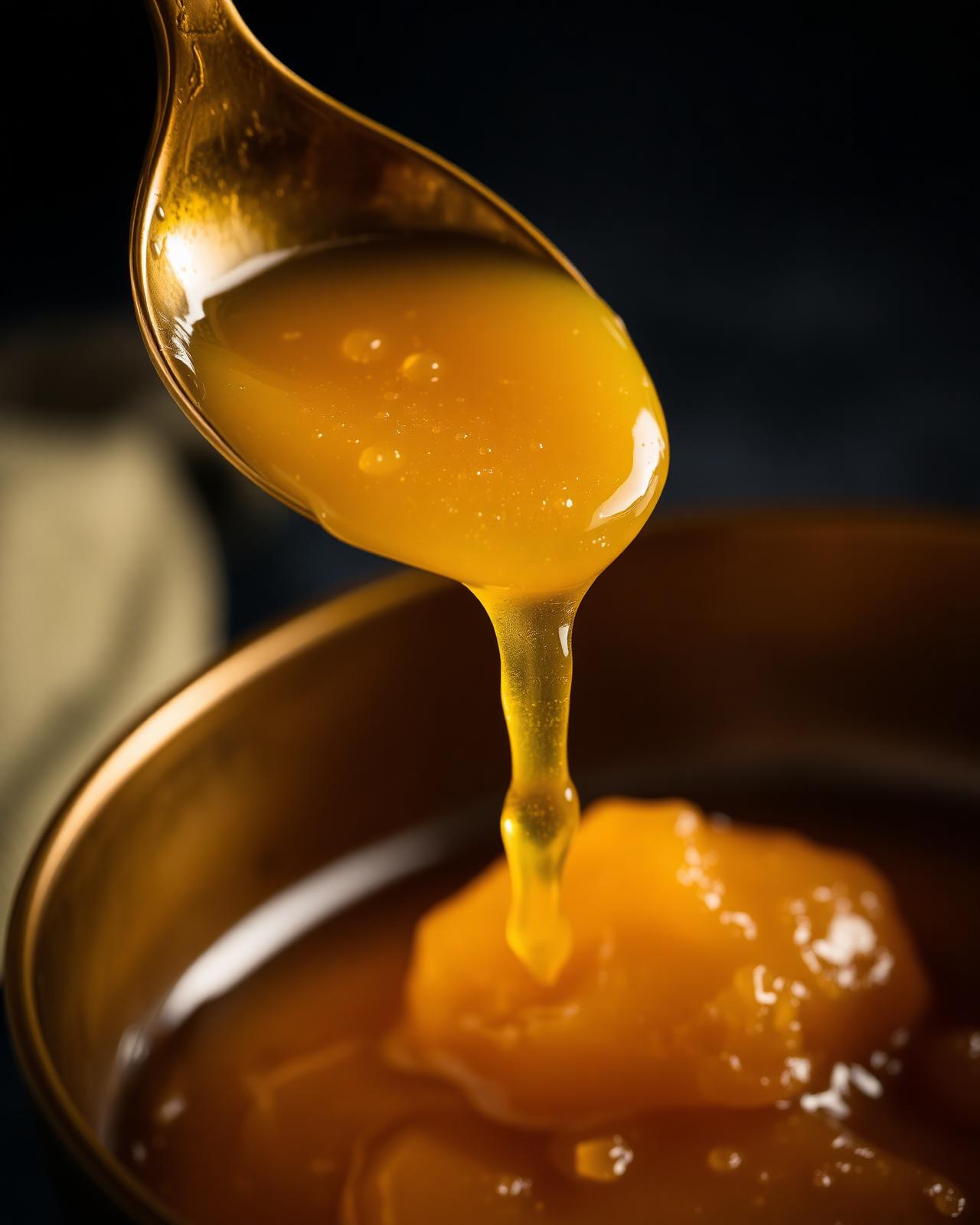 Ghee drizzling from a golden spoon into a brass bowl