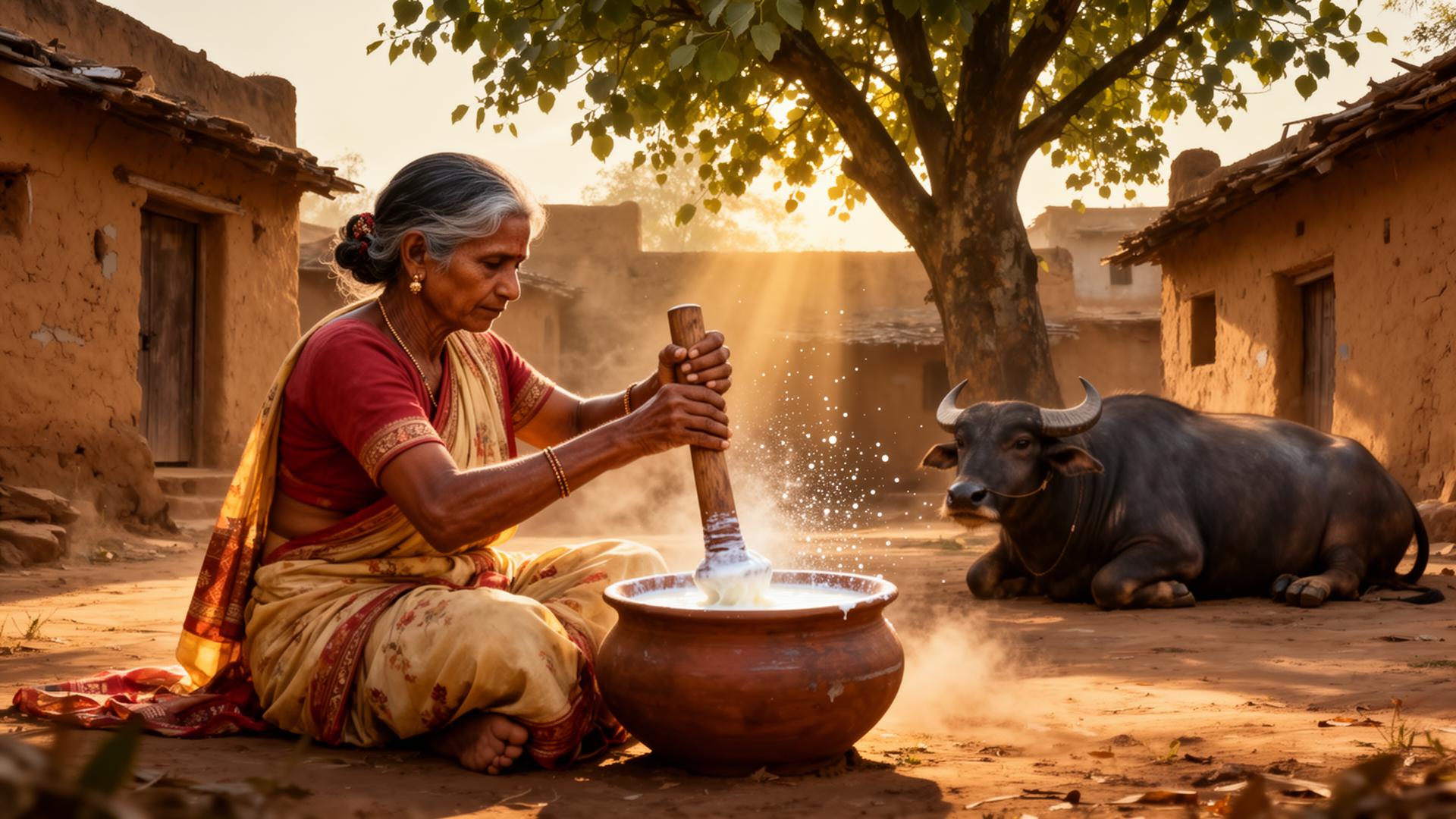 Hand-churning curd with a wooden bilona