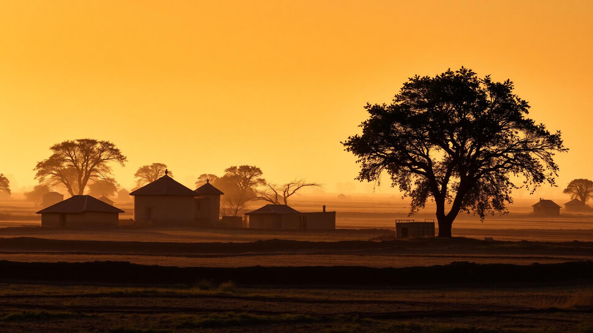 Indian village pasture at dawn